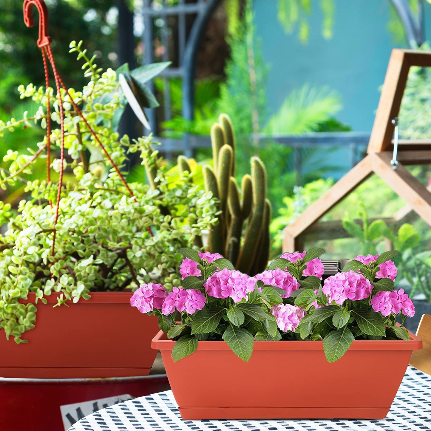 CHUKEMAOYI Window Box Planter, 7 Pack Plastic Vegetable Flower Planters Boxes 17 Inches Rectangular Flower Pots with Saucers for Indoor Outdoor Garden, Patio, Home Decor (Red)