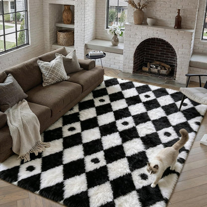 PureCozy Checkered Rug 6x9 Fluffy Shag Living Room Black and White Area Rug Modern Washable Carpet Soft Shaggy Non Slip Indoor Plush Fuzzy Rugs for Bedroom Dorm Office Home Aesthetic Decor