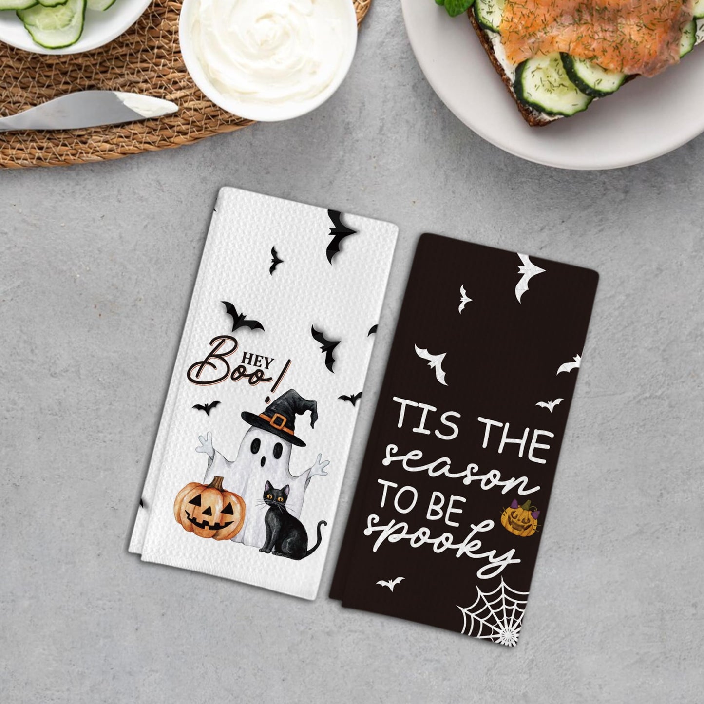 Foggolight Ghost Pumpkins Bats Cat Hey Boo Halloween Waffle Weave Kitchen Towels, 16x24 Inches