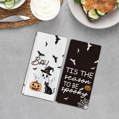 Foggolight Ghost Pumpkins Bats Cat Hey Boo Halloween Waffle Weave Kitchen Towels, 16x24 Inches