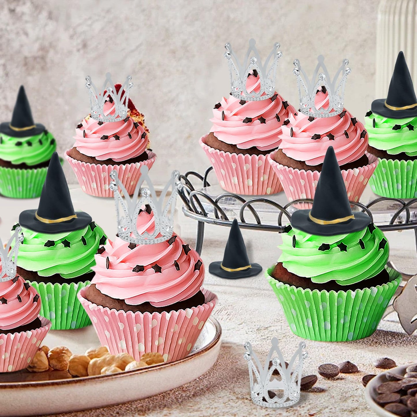 24 Pcs Witch Hat and Crown Cake Topper,Wicked Cake Topper and Wicked Cupcake Toppers,For Party, Birthday Cake, Craft Decoration