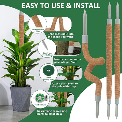 LOLEDE 4 Pack Moss Pole, 27.5 Inches Bendable Coco Coir Poles Monstera Plant Support for Climbing Indoor Plants, DIY Plant Stakes Kit Support for Pothos, Philodendron,Potted Plants