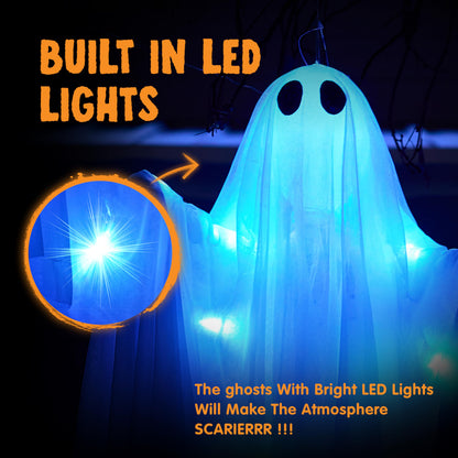 JOYIN 2 Pcs 47” Halloween Hanging Light up Ghost Decorations Outdoor, Halloween White Hanging Ghosts with Blue LED Lights and Timer for Haunted House Party Supplies Front Yard Patio Garden Decor