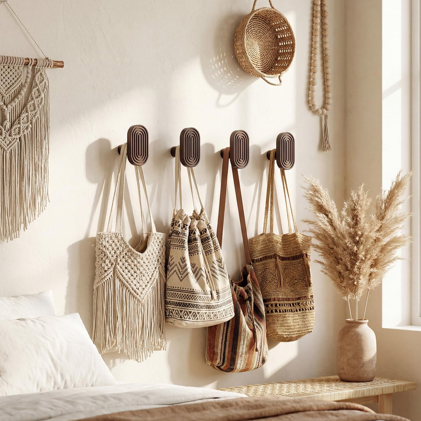 Novabright 4 Pcs Boho Wall Hooks Rainbow Arch Wooden Decorative Coat Hooks Mid Century Modern Holder Rustic Wall Mount Key Hanger for Entryway Decor Bedroom Western Home Kitchen(Oval,Walnut Wood)