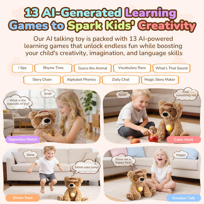 AI Talking Interactive Plush Toy Figure, ChatGPT Smart Storytelling Singing Teddy Bear Gift AI Stuffed Animals English Spanish, Educational Emotional Companion, Real-Time Voice AI Toys for Kids Age 3+