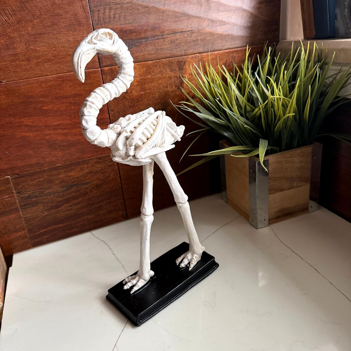 Fancy That Flamingo Skeleton Statue 12 Inch Resin Tabletop Sculpture with Distressed Bone White Finish and Black Base, Eclectic Coastal Bird Decor Accent for Shelf Desk Mantel