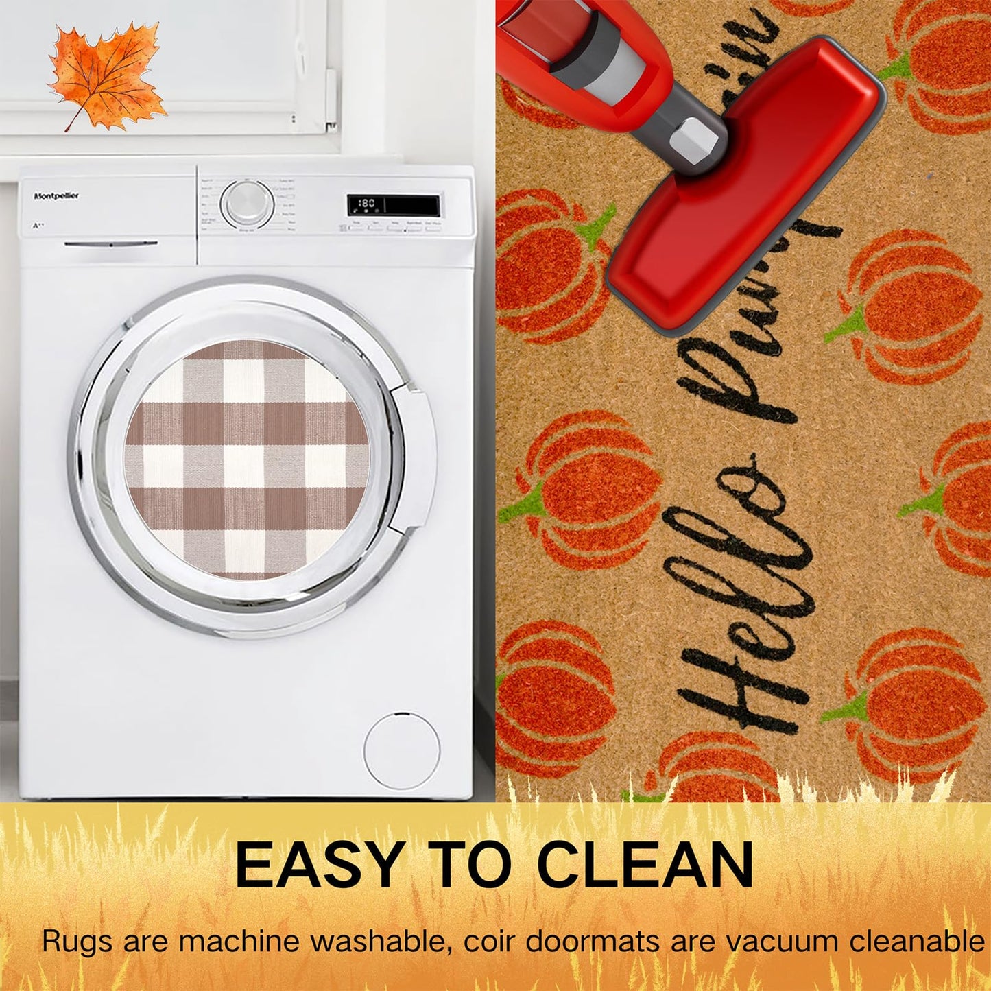 Fall Decor Door Mat Combo Set, Hello Pumpkin Coco Coir Welcome Doormat + 28" x 43" Mocha and White Plaid Rug, Autumn Thanksgiving Front Porch Entryway Decor Floor Mats