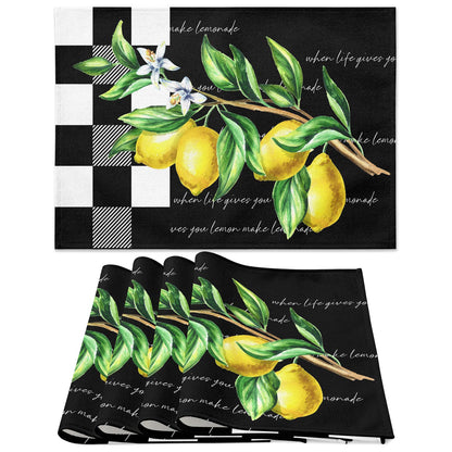 Placemats Set of 4, Yellow Lemon Non Slip Heat Resistant Linen Fabric Cotton Cloth Place Mats, Buffalo Plaid Black Square Washable Dining Table Mat for Summer Fall Rustic Farmhouse Home Kitchen Decor