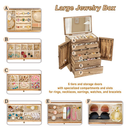 Emfogo Wooden Jewelry Box for Women, 6-Tier Large Jewelry Organizer Boxes with Mirror Rustic Solid Wood jewlery Storage Display for Rings Earrings Necklaces Bracelets watches(Carbonized Black)