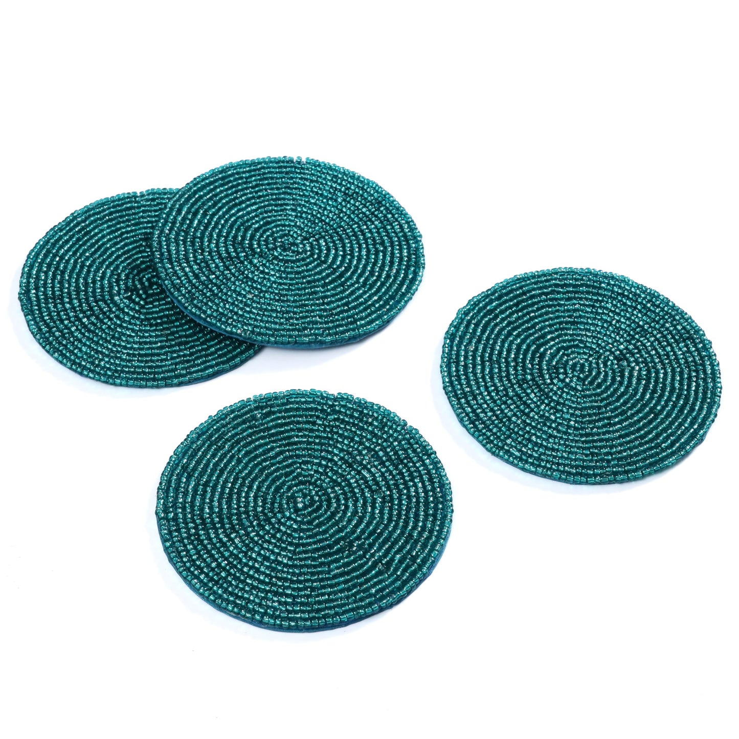 Handmade Beaded Bar Drink Tabletop Protection Coasters - Set of 4 - Halloween Harvest Autumn Fall Thanksgiving Holiday Christmas Xmas Celebration Festive Party 4" Round - Solid Teal