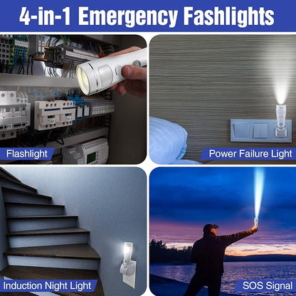 Enhon 2 Pack 4 in 1 LED Emergency Lights for Home Power Failure, Rechargeable Plug in Flashlight Motion Sensor Night Light, Automatic Turn On Power Outage Light for Home Hurricane Supplies (White)