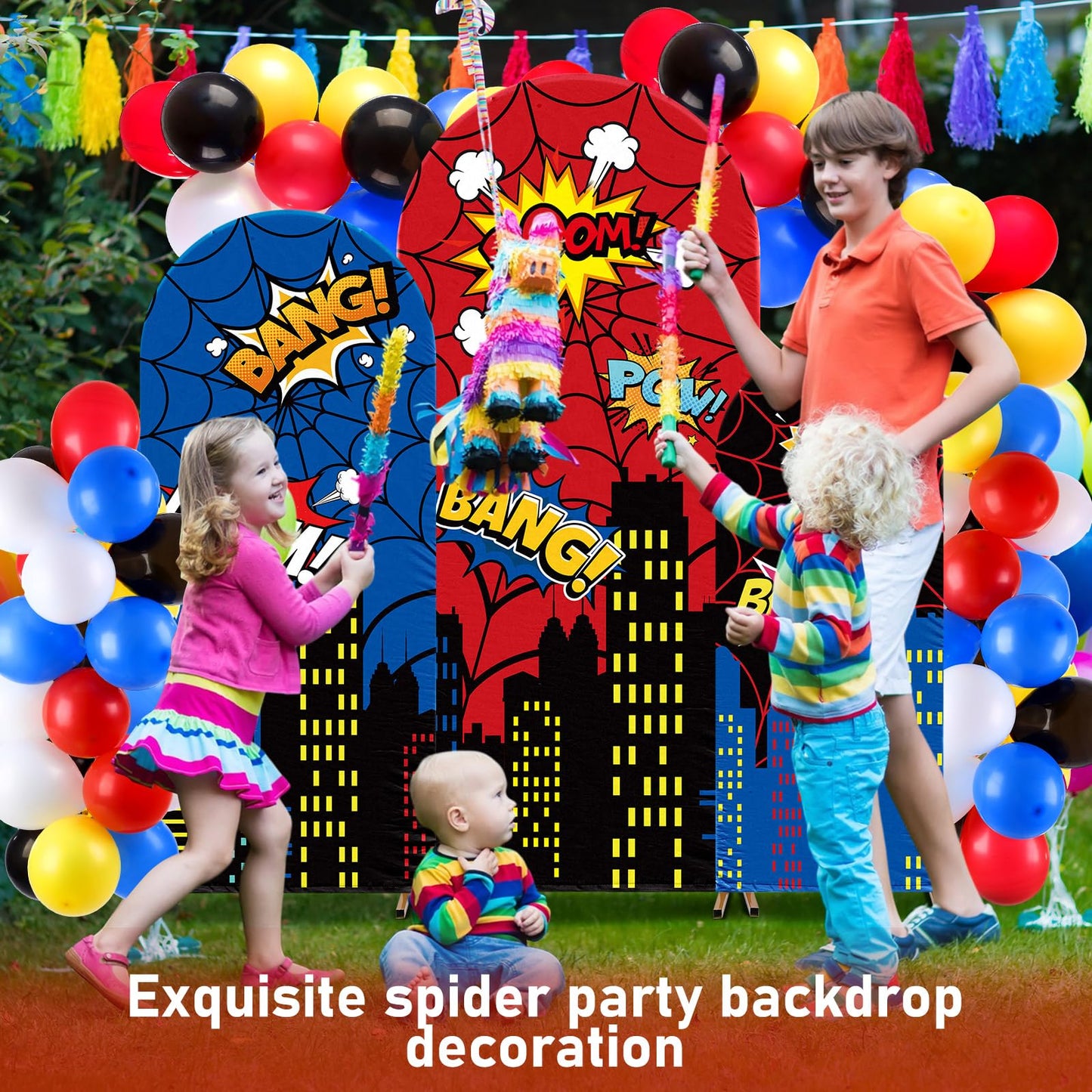 Tudomro 3 Pcs Spider Web Arch Backdrop Cover with Balloons Spider Birthday Party Decorations for Photo Props Indoor Outdoor Cosplay Wedding Baby Shower Backdrop Decor