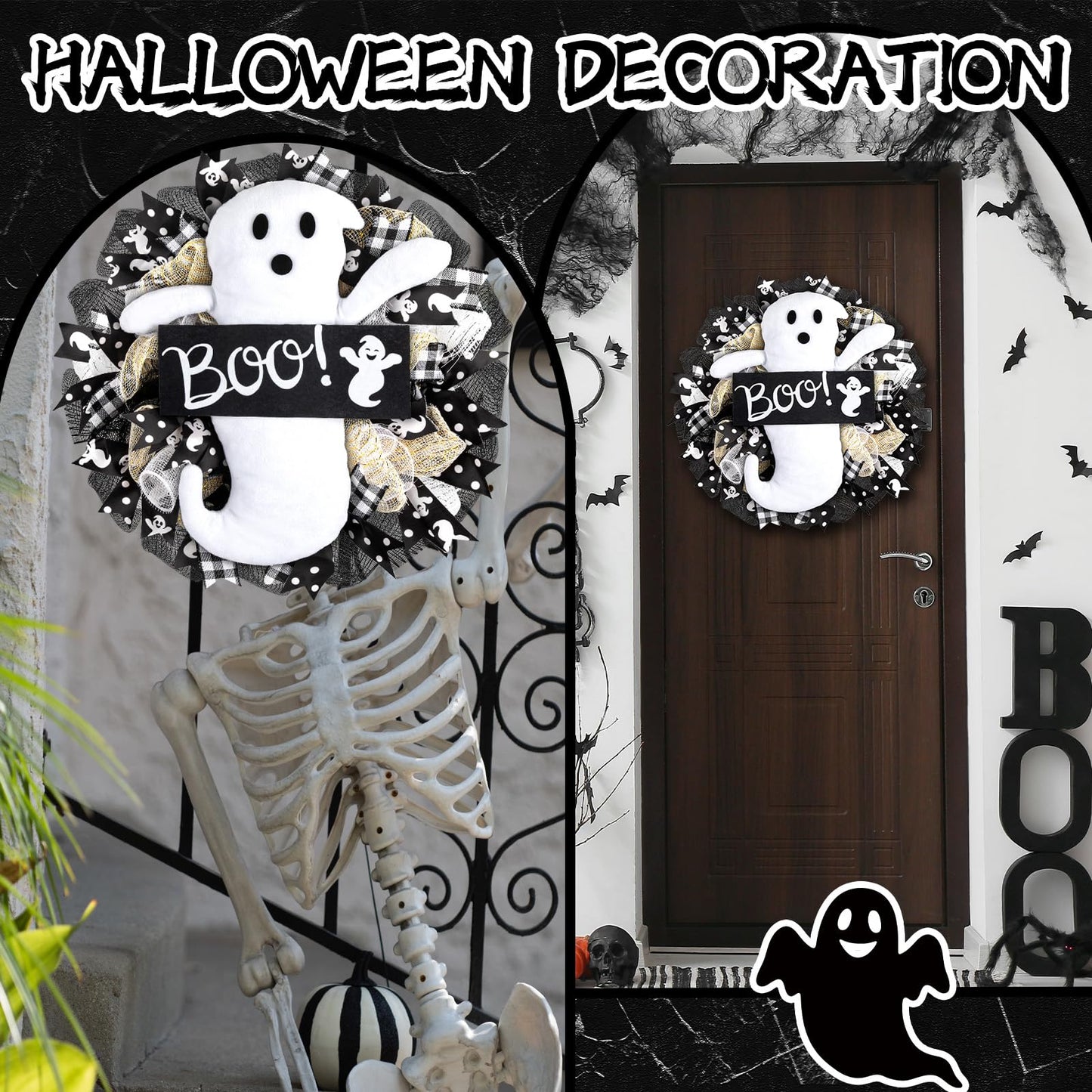 16 Inch Halloween Ghost Wreath Burlap Wreath with Ghost Doll Artificial Hanging Garland for Halloween Decorations Indoor Outdoor Party Supplies