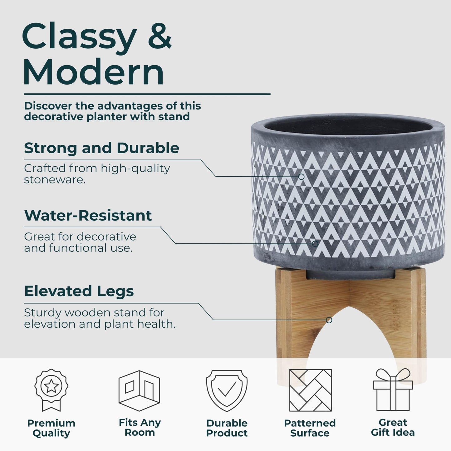 Aztec Decorative Planter Pot on Wooden Stand – Ceramic Stoneware Outdoor & Indoor Plant Pot with Gray Geometric Pattern – Modern Garden & Home Decor Ceramic Planters – 6", Gray