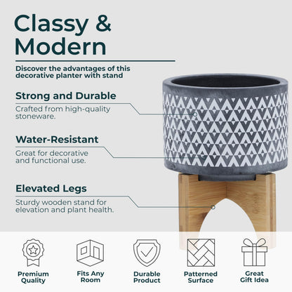 Aztec Decorative Planter Pot on Wooden Stand – Ceramic Stoneware Outdoor & Indoor Plant Pot with Gray Geometric Pattern – Modern Garden & Home Decor Ceramic Planters – 6", Gray