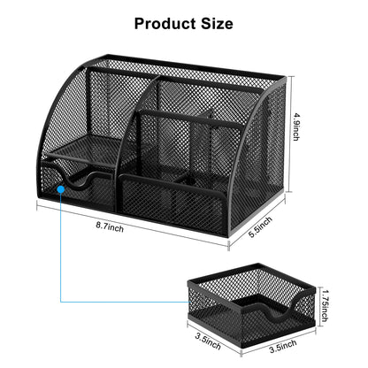EasyPAG Mesh Desk Organizer with Drawer Multi-functional Pen Holder Stationery Organizer for Office School Supplies 6 Compartments Dorm Organizers and Storage for Desk, Black