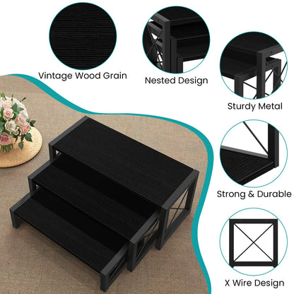 ELITEROO Black 3-Tier Wooden Cupcake and Dessert Display Stand, Multi-Tier Riser for Cupcakes, Food, Perfume, Makeup, Dolls, Collectibles, and Market Vendor Retail Shelf Organizer