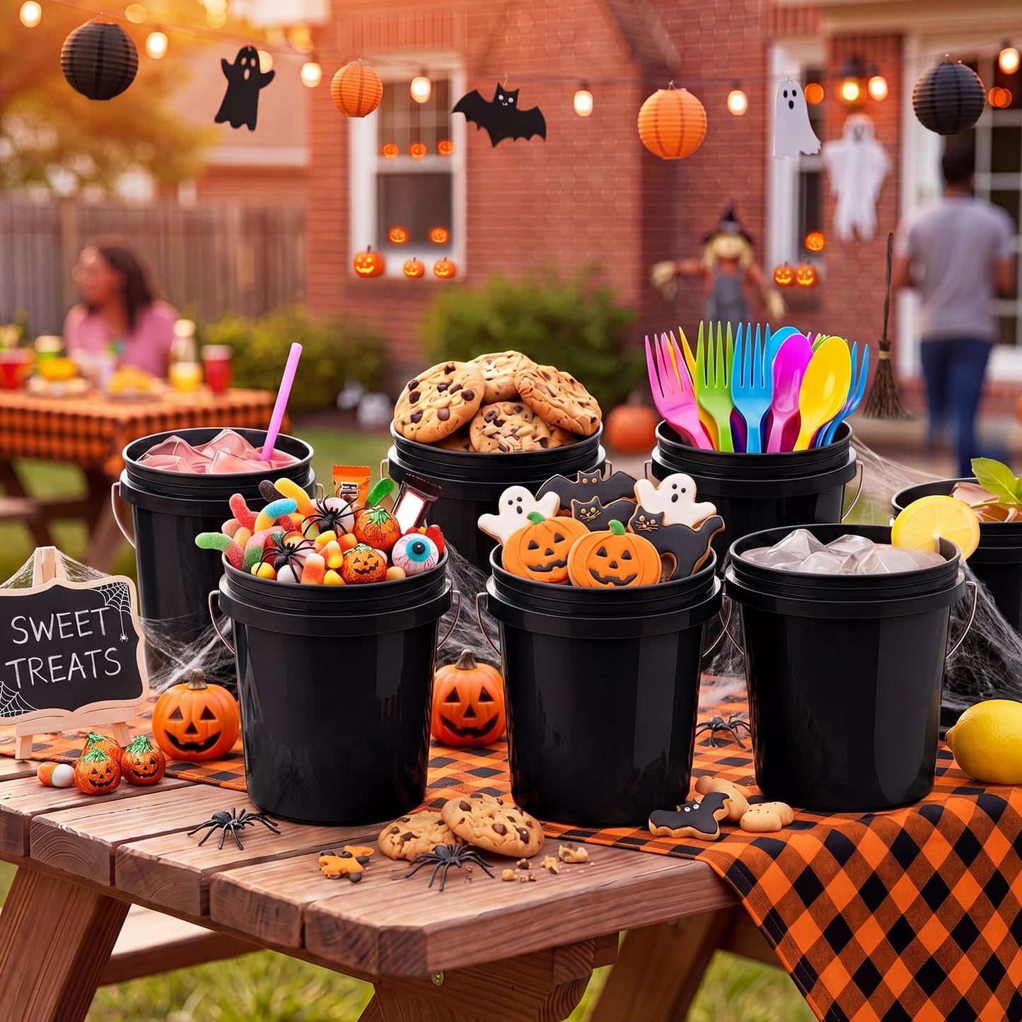 Hushee 6 Pcs Mini Plastic Buckets with Lids, 0.4 Quart Black Buckets for Party Gift Packaging, Candy Holders Easter Halloween Christmas Candy Treat Snacks Holder Birthday Baby Shower Party Supplies
