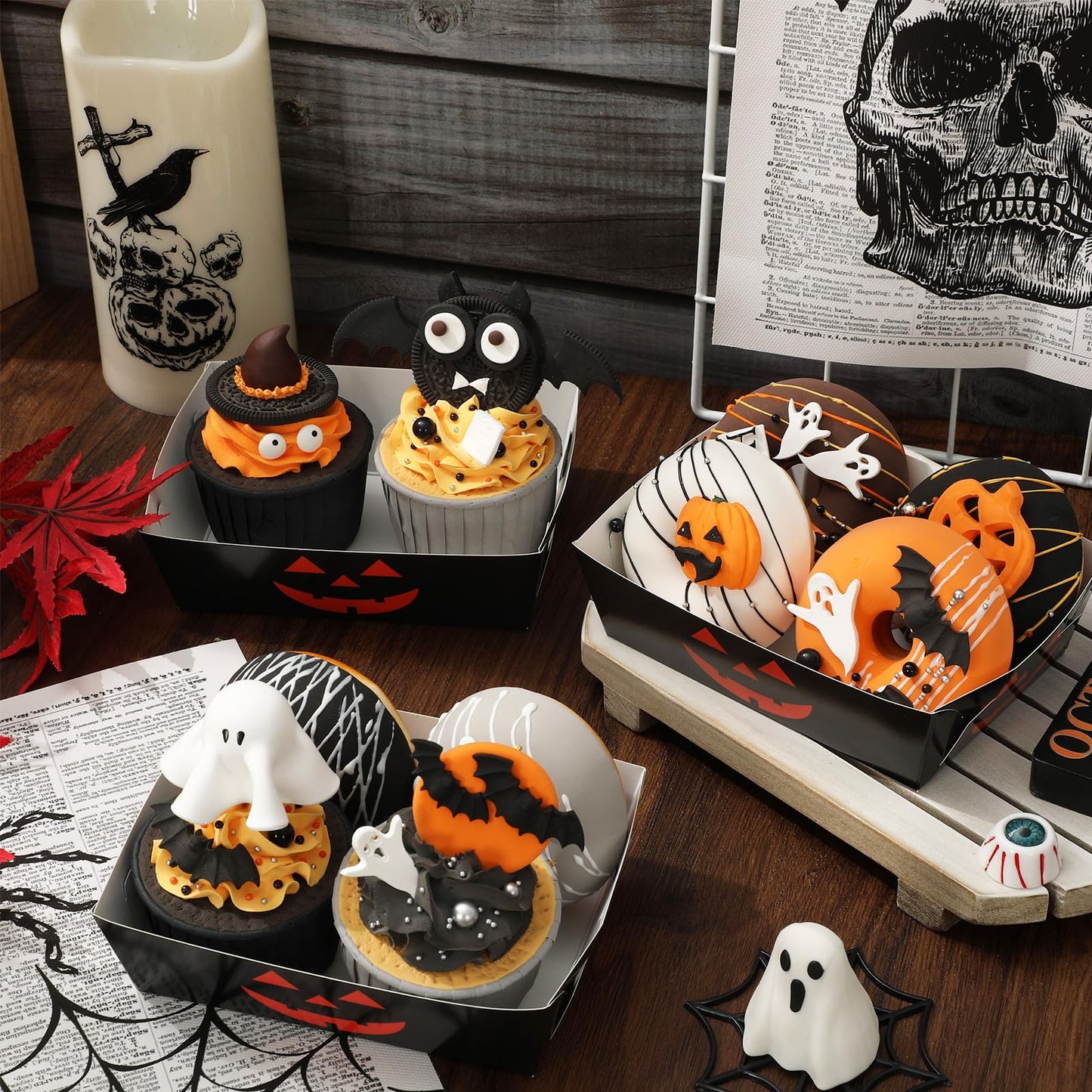 Whaline 50Pcs Halloween Paper Food Trays Grimace Pumpkin Paper Food Boats Orange Black Food Holder Disposable Serving Trays for Party Supplies