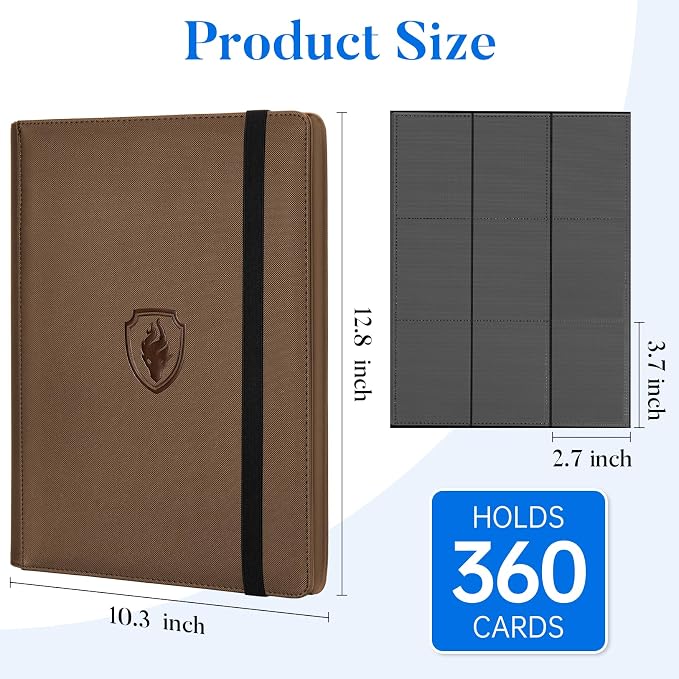 Premium 9 Pocket Card Binder for 360 Cards, Fabmaker PU Cover Trading Card Binder, Sturdy Card Collection Album, Sleek Card Holder Folders for Game Cards & Sports Cards, Brown