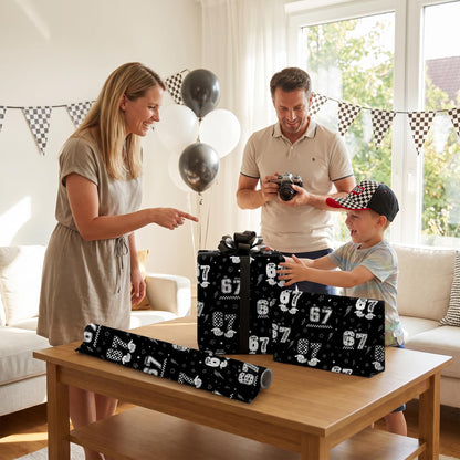 Joviwrap 6 7 Funny Number Wrapping Paper Roll, Black White Graffiti Style Wrapping Paper with Checkered Pattern, Playful Humor Design for 6 7 Fans Teens Birthday Party Supplies, 17 In x 16.4 Ft