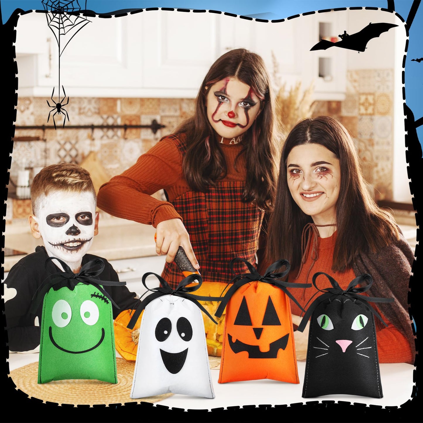 Sweetude 24 Pcs Halloween Felt Treat Bags 5 x 7'' Handmade Pumpkin Ghost Cat Monster Candy Goodie Gift Bags with Drawstrings Trick or Treat Halloween Party Favors Supplies