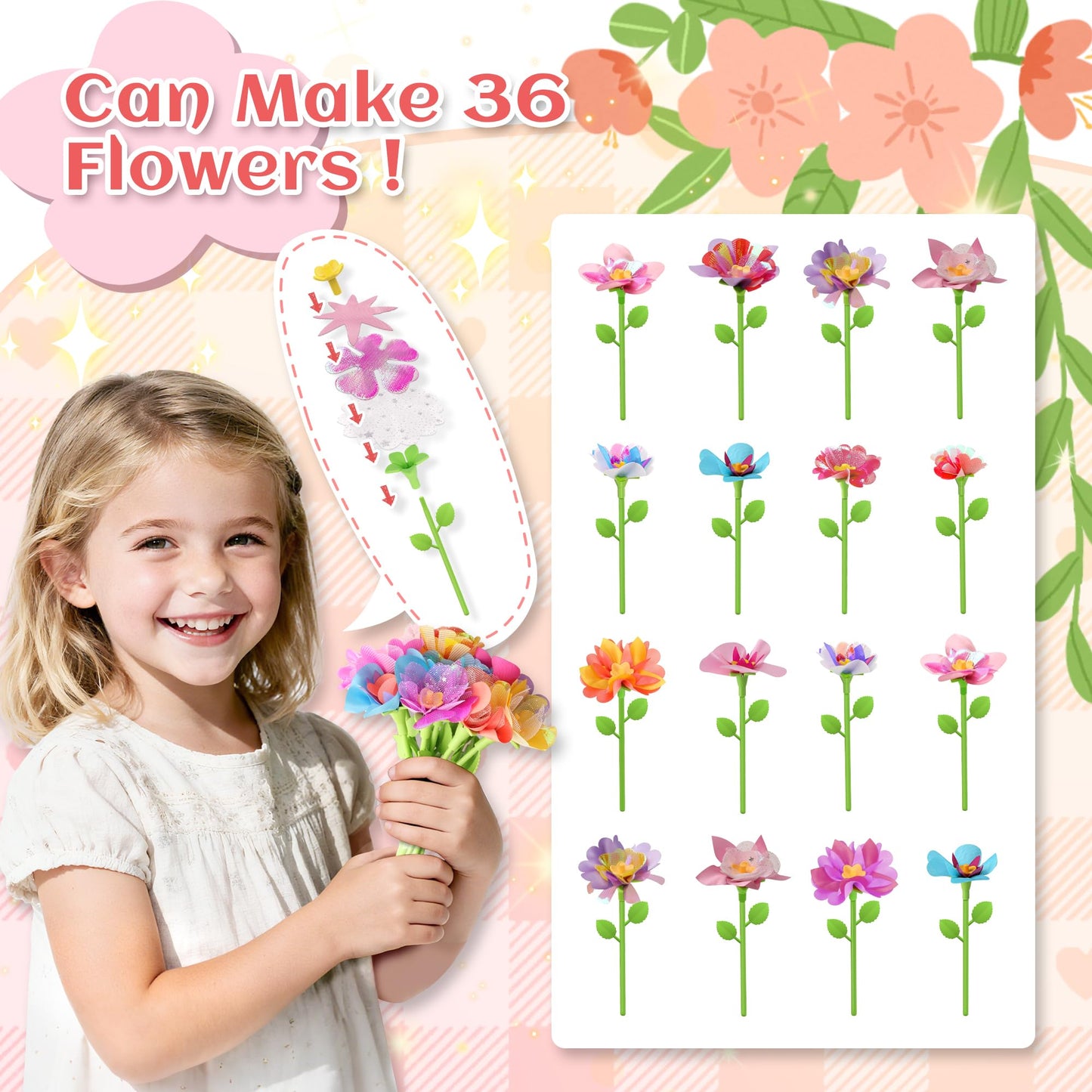 Kufanda DIY Fabric Flower Bouquets Toys Accessories Can Make 36 Flowers, DIY Arts & Crafts Toy Parts Christmas Gifts for Kids