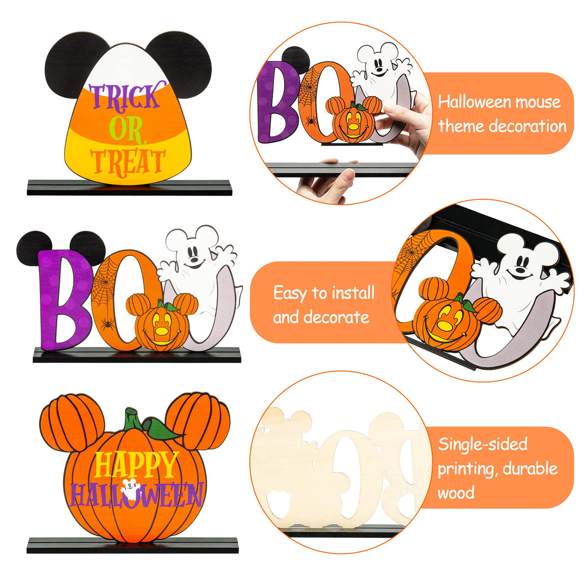 Andi Cppss 3PCS Halloween Mouse Wooden Table Centerpieces, Trick or Treat Sign Table Top Decor, Boo Sign Table Centerpiece for Halloween, Happy Halloween Mouse Pumpkin Table Topper for Party Supplies