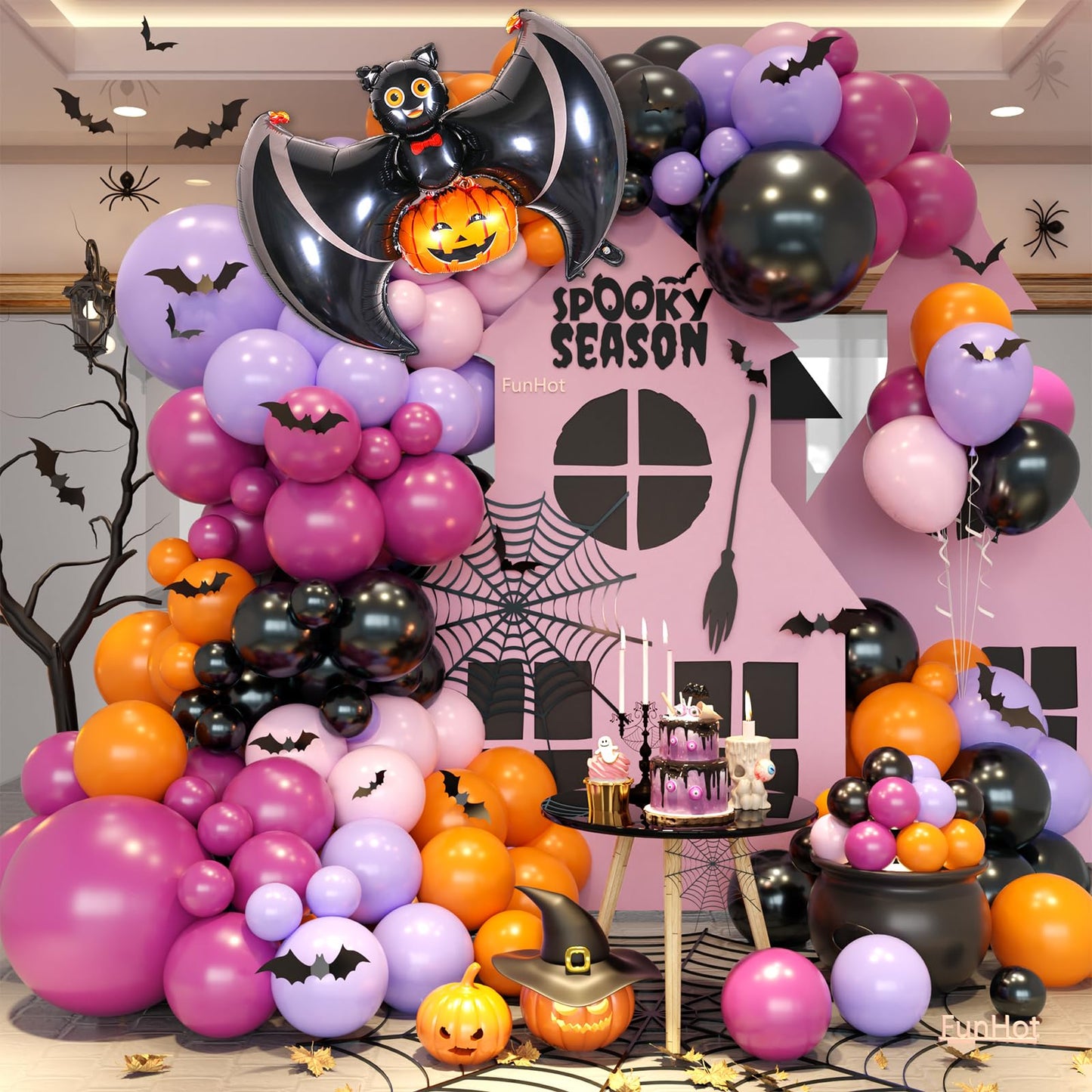 Halloween Balloon Arch Garland, Pink Purple Balloons with Star Cute Ghost Boo Foil Balloon, Metallic Purple Pink Black Latex Balloons Bat Stickers for Kids Girls Birthday Halloween Party Decorations