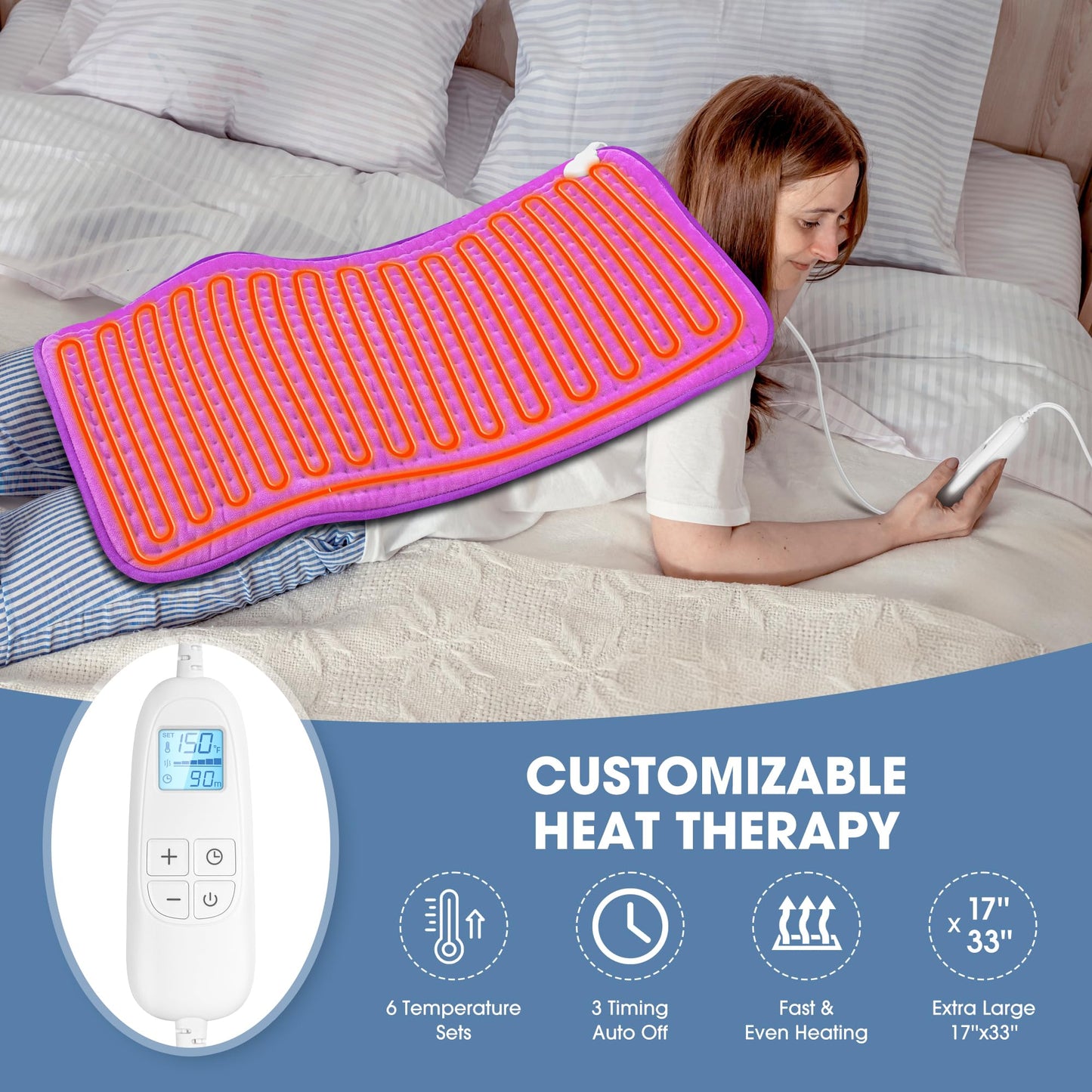 FluffyWarmth Electric Heating Pad for Back, Extra Large 17''x 33'' XXXL for Full Body,Menstrual Period Cramps,Neck Shoulder Back Pain Relief, 6 Heat Settings 3 Timers Heating Pad, Gifts for Women Men