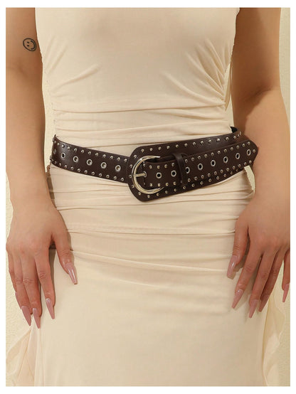 Verdusa Women's Studded Belts Y2k Belt Punk PU Leather Vintage Rave Western Cowgirl Belts Coffee One Size
