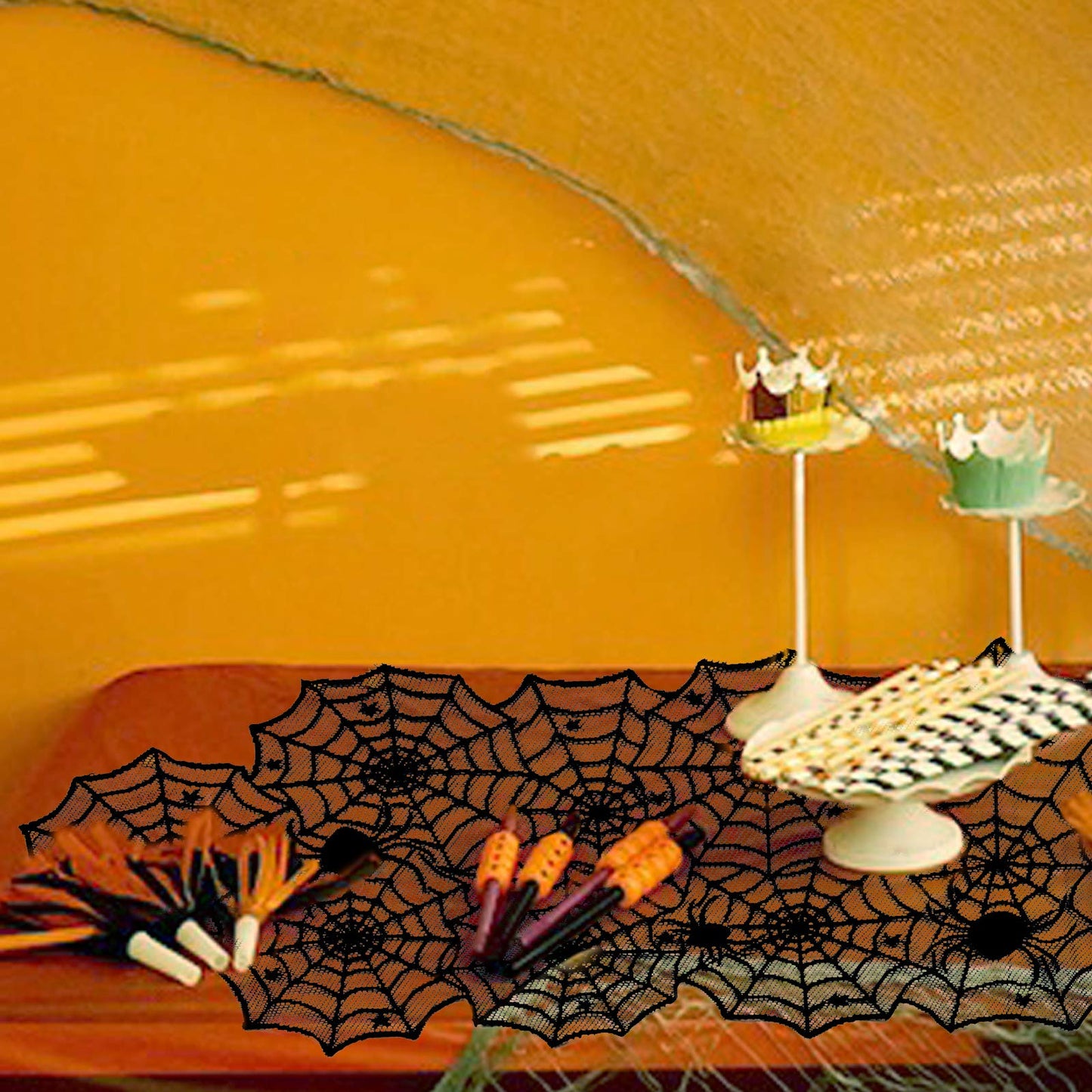 Tayfremn 3pack Halloween Decorations Set Halloween Tablecloth Black Lace Round Spider Cobweb Table Cover Fireplace Mantel Scarf Spiderweb Fireplace Scarf for Party