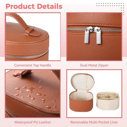Makeup Vanity Bag for Women - Large Capacity Cosmetic Organizer with Removable Liner, Waterproof PU Leather Skincare Bag, Portable Chic Cosmetic Make Up Case for Skincare, Brushes, Accessories, Brown