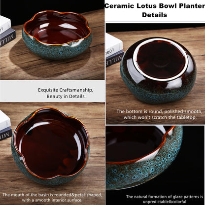 Lotus Bowl Planter, Lotus Bowls for Planting in Water Indoors, Bonsai Bowl Lotus Flower Seeds, Ceramic Planters for Indoor Plants, Leak-Proof Design for Succulent Plants Fish Home Decor (Blue)