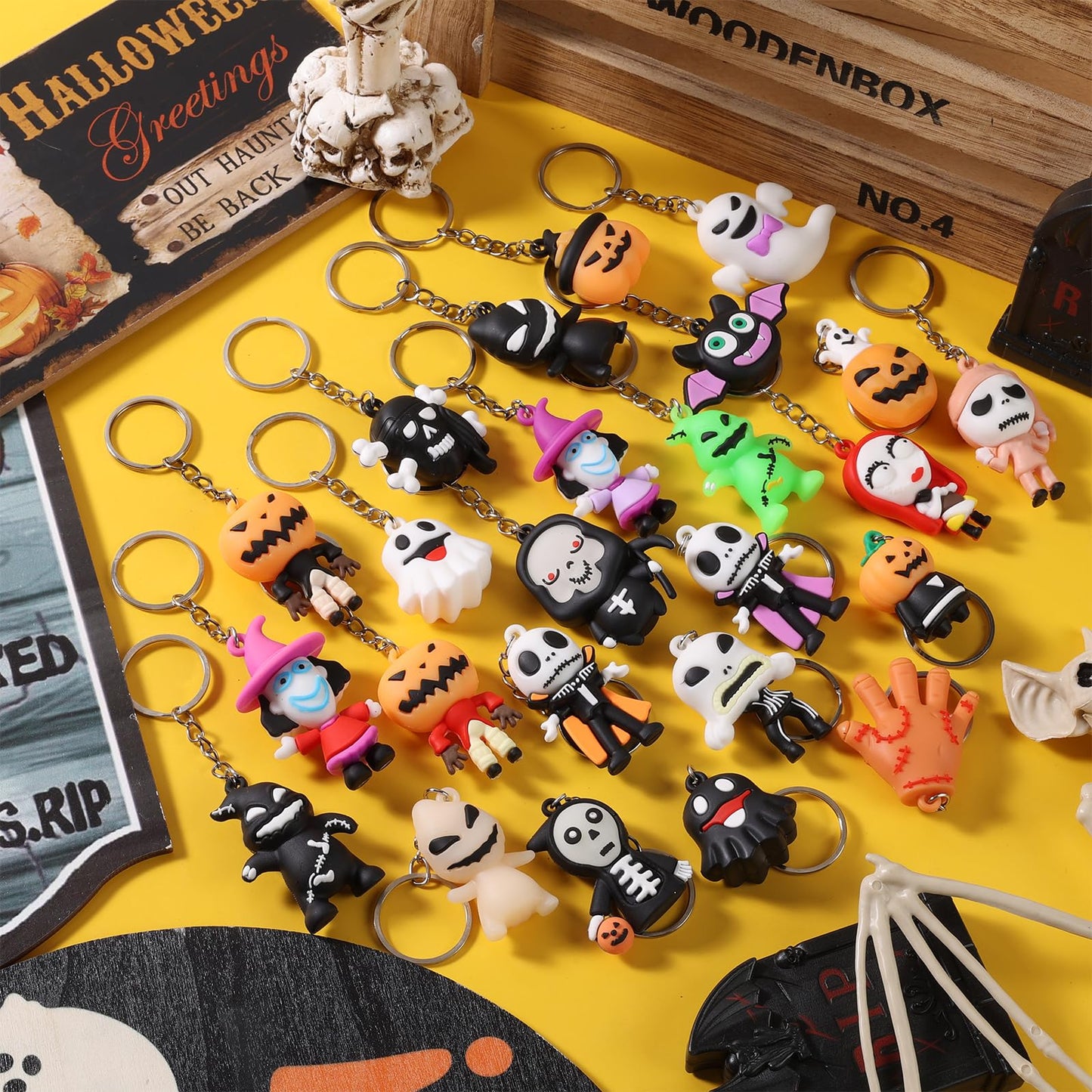 Becfupo 24 Pcs Halloween Cute Keychains Bulk, Ghost Pumpkin Bat Shaped Rubber Ornaments With Keyrings For Halloween Party Supplies, Classroom Giveaways