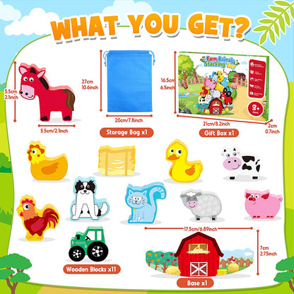 IPOURUP Montessori Toys for Kids 3-7 Wooden Farm Animal Blocks Stacking Games Educational Toy for 3 4 5 6 Year Old Girls Boys Christmas Birthday Gifts for Grandkids Toddler Balance Game Girls Age 3-5