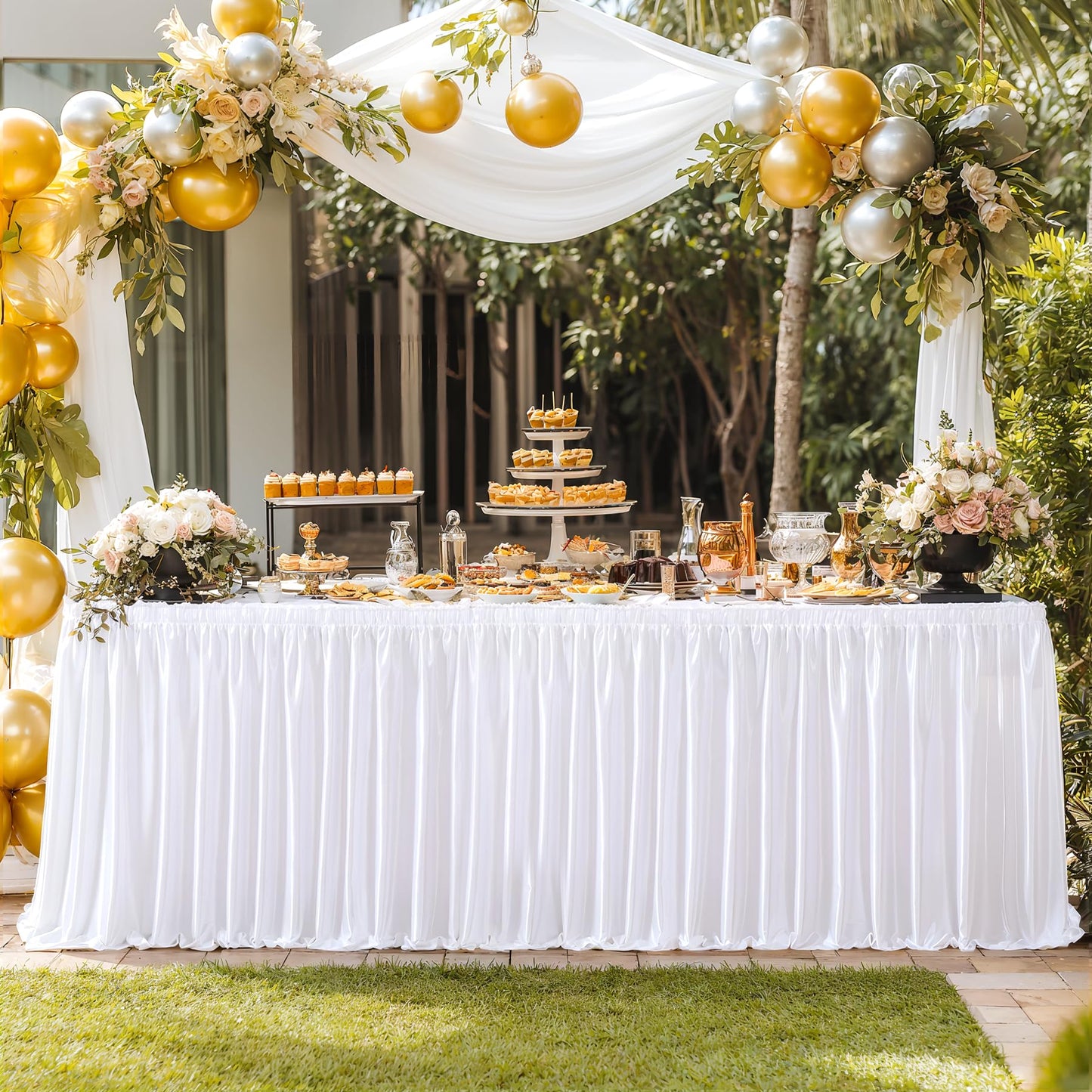 14ft Length Satin White Table Skirt Rectangle Tables, Wrinkle Resistant Ruffle Table Skirting Glitter Teacher Desk Cover Skirt for Dorm Office Birthday Party Wedding Buffet Displays Trade Shows