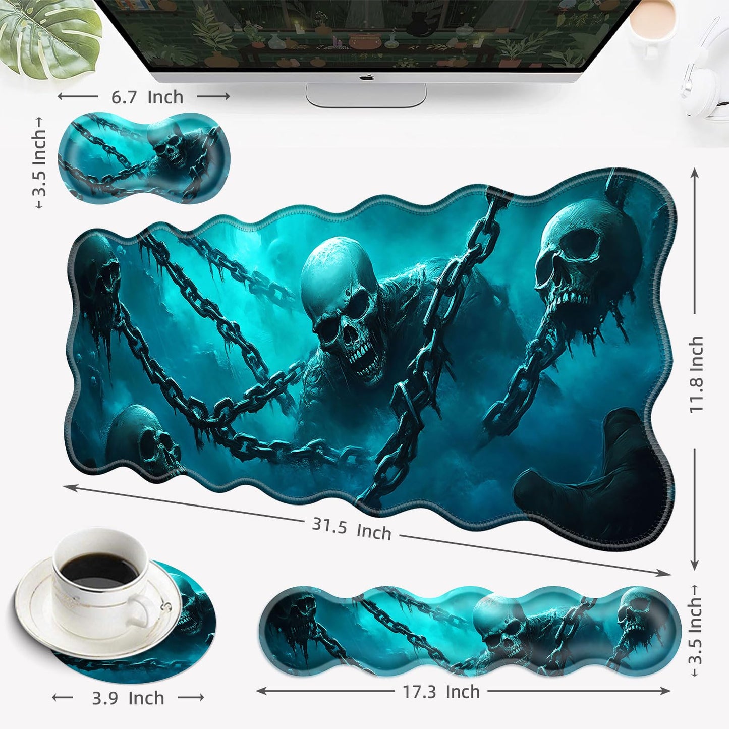 EFGWSDER Desk Mat, Mouse Pad with Wrist Rest, 4-in-1 Large Mouse Pads for Desk, Ergonomic Mouse Pad and Keyboard Wrist Rest Gaming Keyboard Mat for Office,Cool Skulls