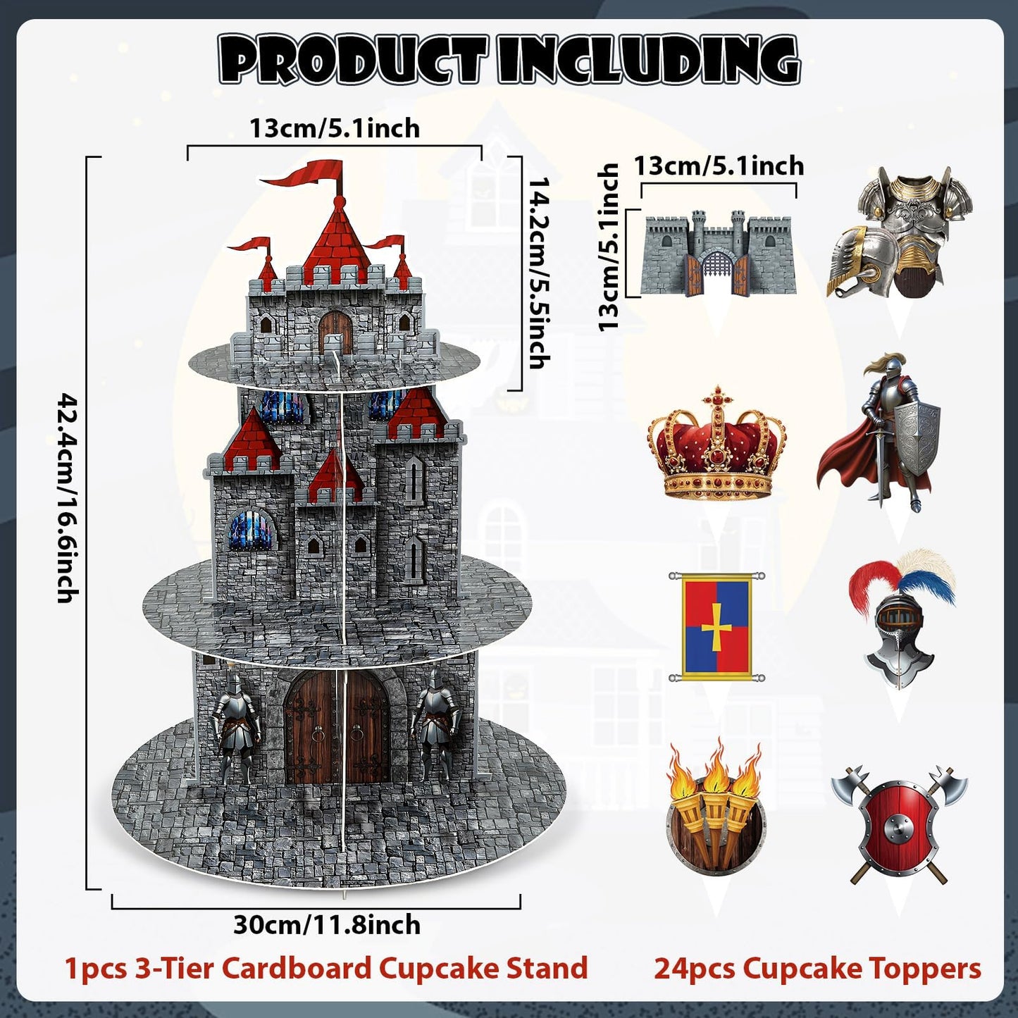 3 Tier Medieval Castle Cupcake Stand Decor with 24 Cake Toppers Knight Birthday Party Decorations Medieval Theme Dessert Cardboard Stand Tower Castle Cupcake Holder for Boys Baby Shower Supplies