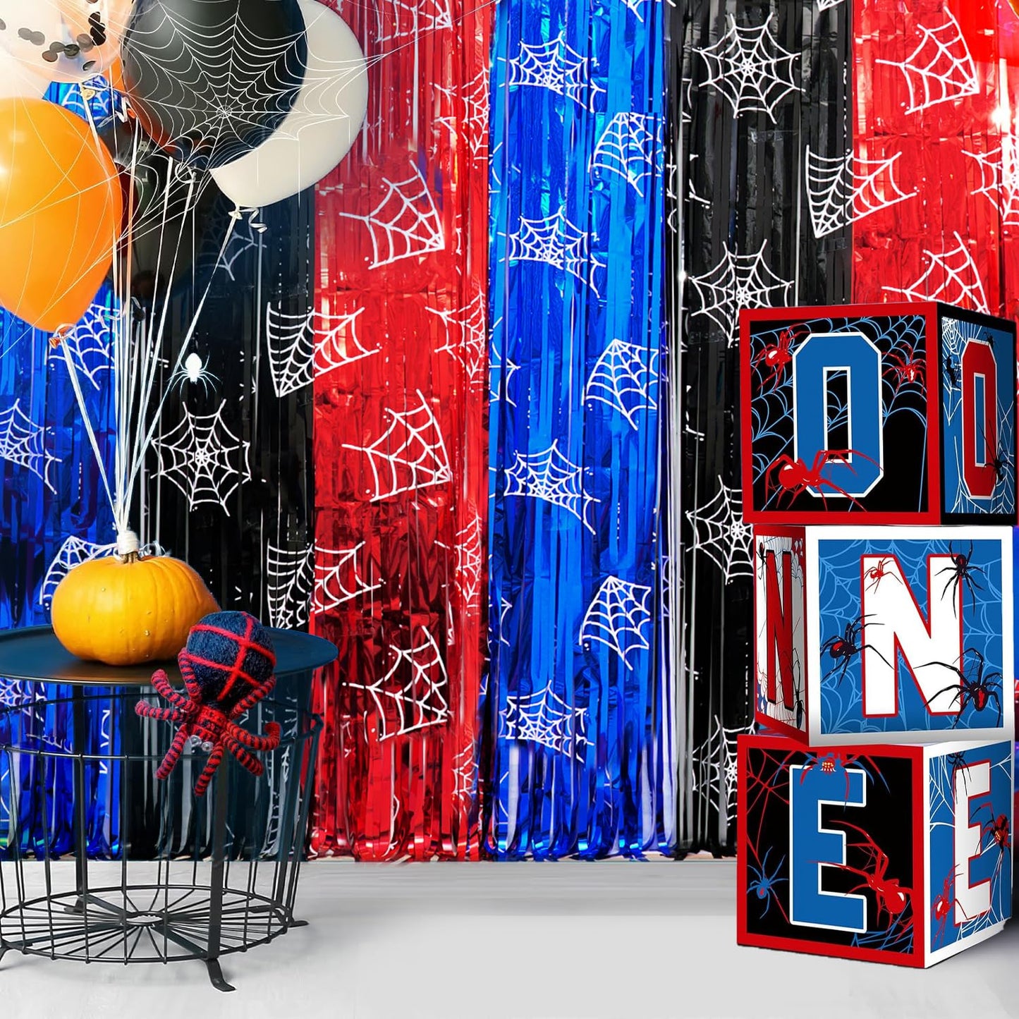 Spider Birthday Party Decoration, including 2Pack Spider-web Printing Foil Fringe Curtains, 1pack Spider Themed Birthday Banner & Balloons for Spide-party Photo Booth Props Streamers Backdrop Decor