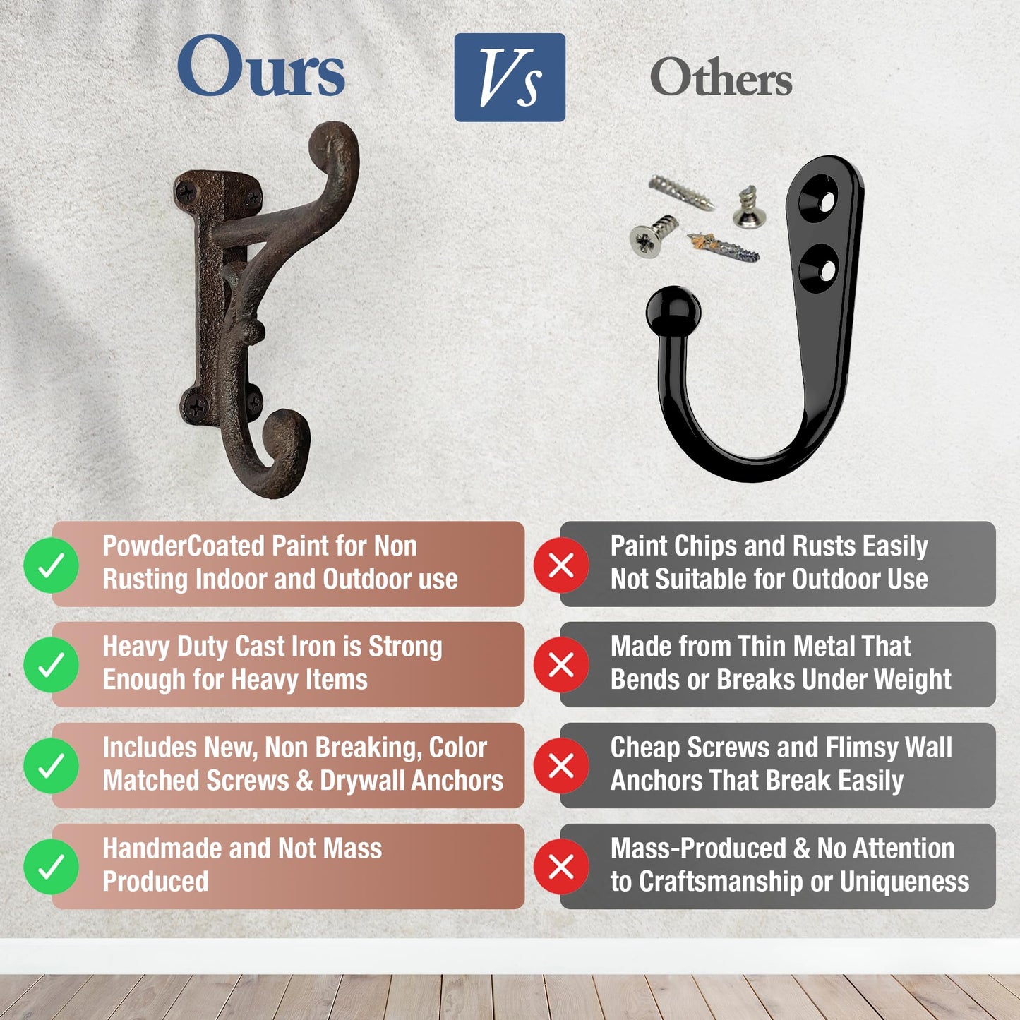 Rustic Cast Iron Coat Hooks (3 Pack) Rustic Dark Brown, Wall Mounted, Farmhouse Decorative, Heavy Duty Wall Hooks for Hanging Coats, Hats, Towels (Mounting Hardware Included)