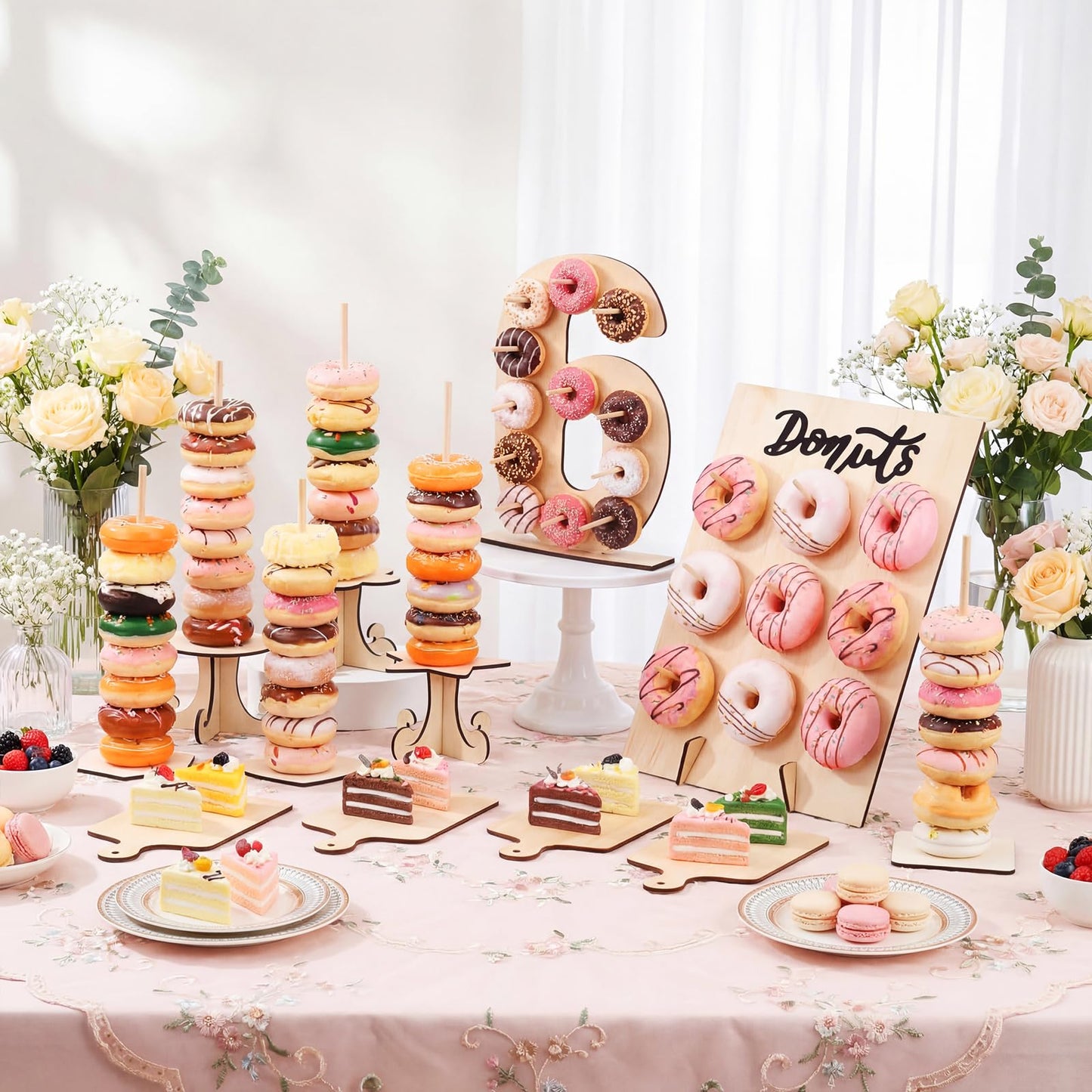 Lallisa 12 Pcs Wooden Donut Stand Set Number 6 Donut Display Stand 1 Doughnut Wall Display 4 Mini Charcuterie Boards 6 Doughnut Holder Tower for Dessert Table Birthday Wedding Baby Shower Party Deocr