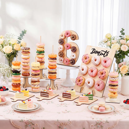 Lallisa 12 Pcs Wooden Donut Stand Set Number 6 Donut Display Stand 1 Doughnut Wall Display 4 Mini Charcuterie Boards 6 Doughnut Holder Tower for Dessert Table Birthday Wedding Baby Shower Party Deocr