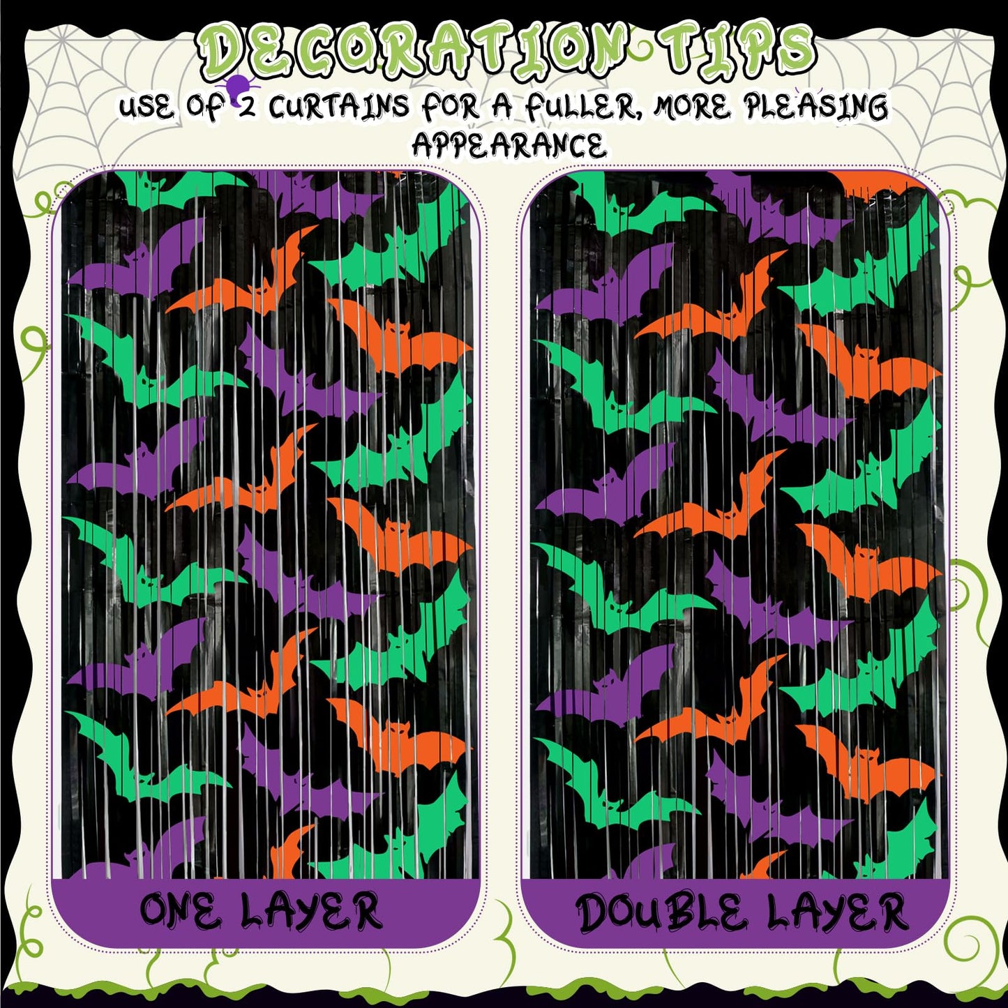 Ycitusi 2 Packs Bat Foil Fringe Curtains - Purple Orange Green Halloween Door Streamers for Photo Backdrop, 3.3 x 6.6 ft Tinsel Curtains for Beetlejuice, Monster or Neon Glow Party Decorations