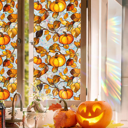 Niviy Pumpkin Thanksgiving Halloween Fall Window Clings, Stained Glass Window Film for Windows Autumn Clings Autumn Home Office Decorations for Indoor Outdoor (16.93 x 39.37inch)