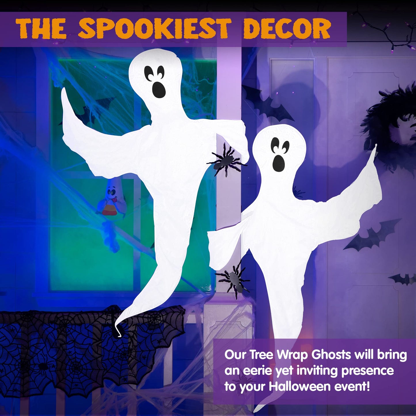 JOYIN Halloween 2 Pcs Tree Wrap Ghost Decoration Outdoor, 53” Cute Face Flying Ghost for Halloween Outdoor, Lawn, Yard, Tree, Party Supplies, Haunted House Wrap Decorations