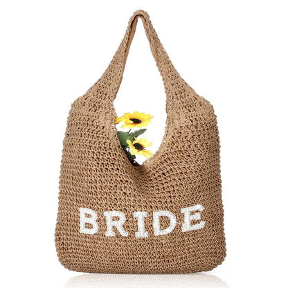 Locmeo Bride Handwoven Straw Bag for Women Boho Beach Shoulder Tote Bag Bride Summer Rhinestone Letters Tote for Women Wedding Bridal Shower Bachelorette Gift