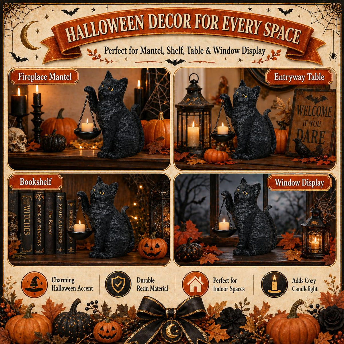Gothic Black Cat Lamp with Tealight Candle Holder Cat Statue Halloween Decorations Indoor Gothic Home Decor for Living Room Tabletop Shelf Bedroom Unique Goth Witchy Gifts Decor