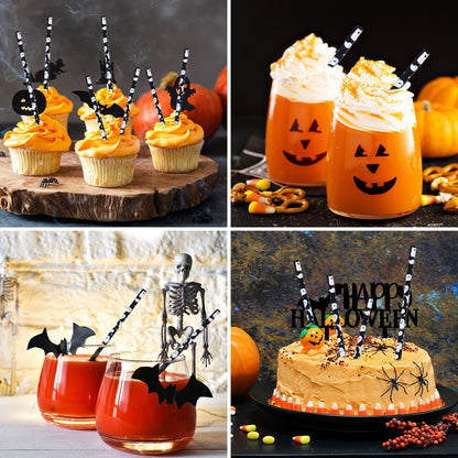 Whaline 200Pcs Halloween Paper Straws Iridescent Ghost Disposable Straws Black Silver Laser Ghost Drinking Straw for Halloween Spooky Party Supplies