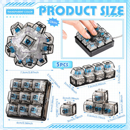 Halloscume 5 Pcs Keyboard Adult Fidget Clicker in 5 Styles Keyboard Fidget Keychain Cube Mechanical Key Button Clicker Stress Relief Gift for Office Home Pass Time(Black Transparent)